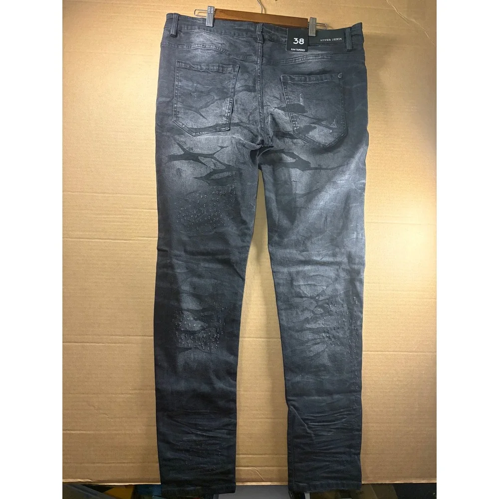 Hyper Denim Black Tiger Distressed Jeans Mens 38 Slim Tapered Streetwear